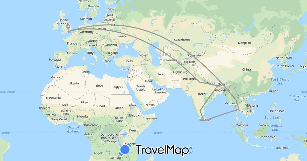 TravelMap itinerary: driving, plane in United Kingdom, India, Sri Lanka, Thailand (Asia, Europe)